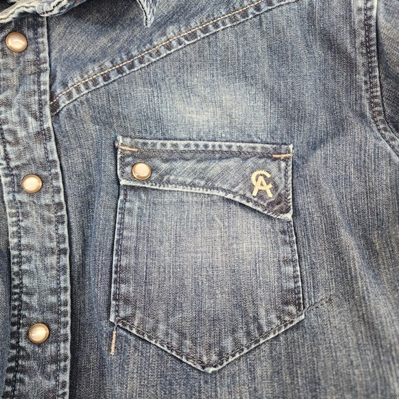 Christian Audigier Denim Shirt Men's XL Blue Med Wash Western Pearl Snap Pockets - Picture 3 of 10